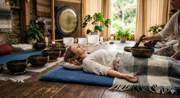 Femme allongée en relaxation profonde recevant un soin sonore avec un bol tibétain posé sur le corps, entourée d'instruments de sonothérapie dans un studio zen.