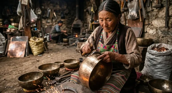 Artisane tibétaine martelant manuellement un bol en bronze dans un atelier traditionnel pour lui donner sa forme et sa résonance unique.