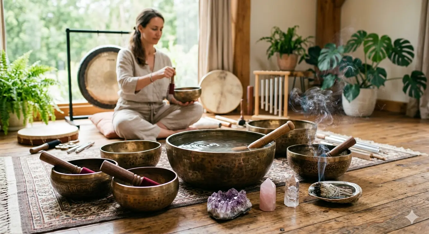 Séance de thérapie sonore avec bols chantants, gong et pierres naturelles