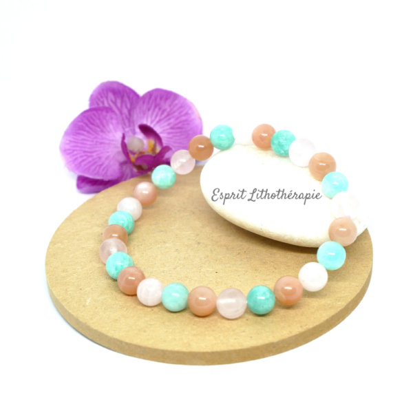 Bracelet Amazonite, Pierre de soleil pêche et Quartz rose