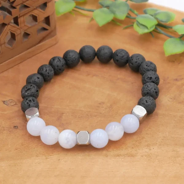 Bracelet homme en pierre naturelle avec calcédoine bleue, pierre de lave noire et perles en acier inoxydable