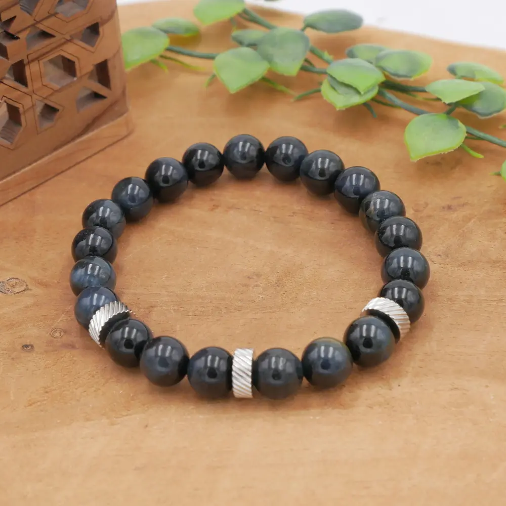 Bracelet homme en œil-de-faucon avec perles séparatrices en acier inoxydable