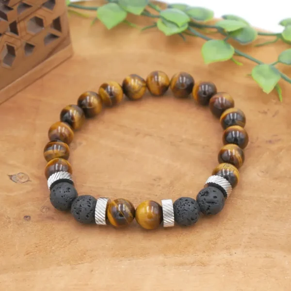 Bracelet homme en œil-de-tigre et pierre de lave avec perles séparatrices en acier inoxydable