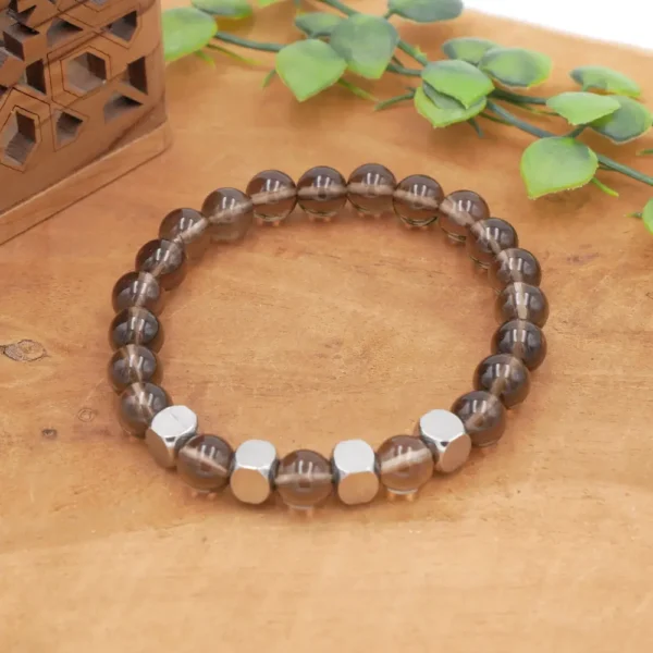 Bracelet homme en quartz fumé avec perles séparatrices en acier inoxydable