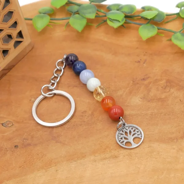 Porte-clé 7 chakras avec 7 pierres naturelles et pendentif arbre de vie en acier inoxydable