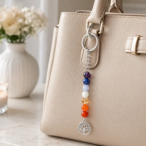 porte clé 7 chakras sur un sac à main