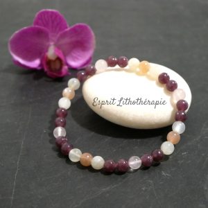 Bracelet Lépidolite, Pierre de lune, Quartz rose