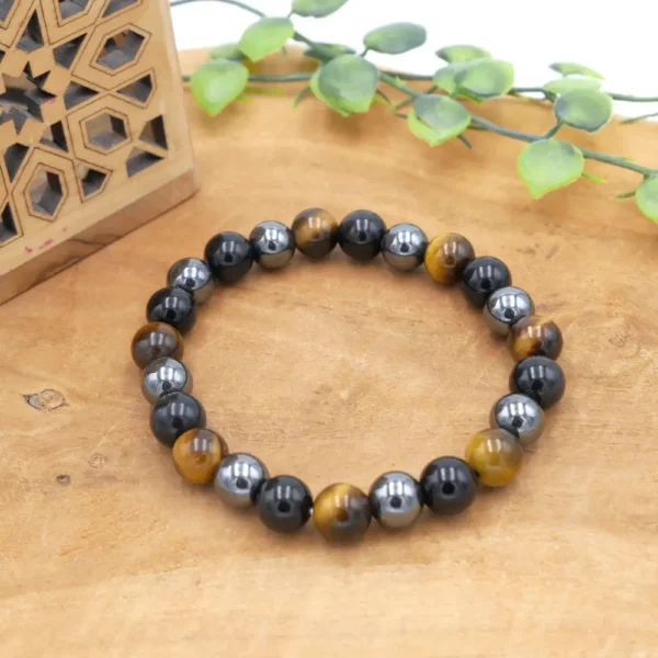 Bracelet triple protection en oeil de tigre obsidienne noire et hematite