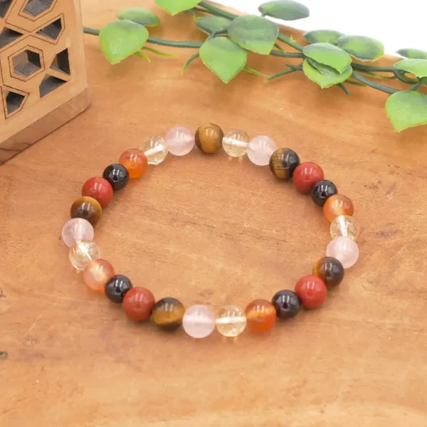 Bracelet en pierres naturelles de cornaline, citrine, jaspe rouge, œil de tigre, grenat et quartz rose
