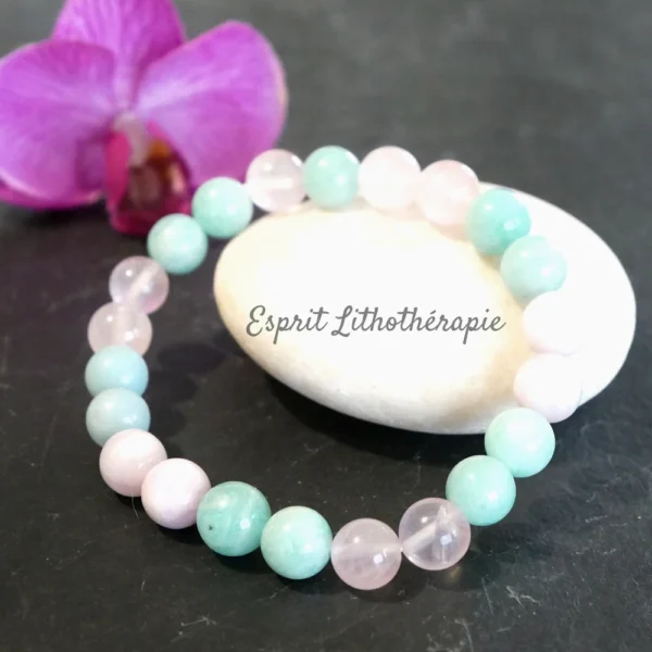 Bracelet Amazonite, Kunzite et Quartz rose en pierres naturelles, bijou fait main
