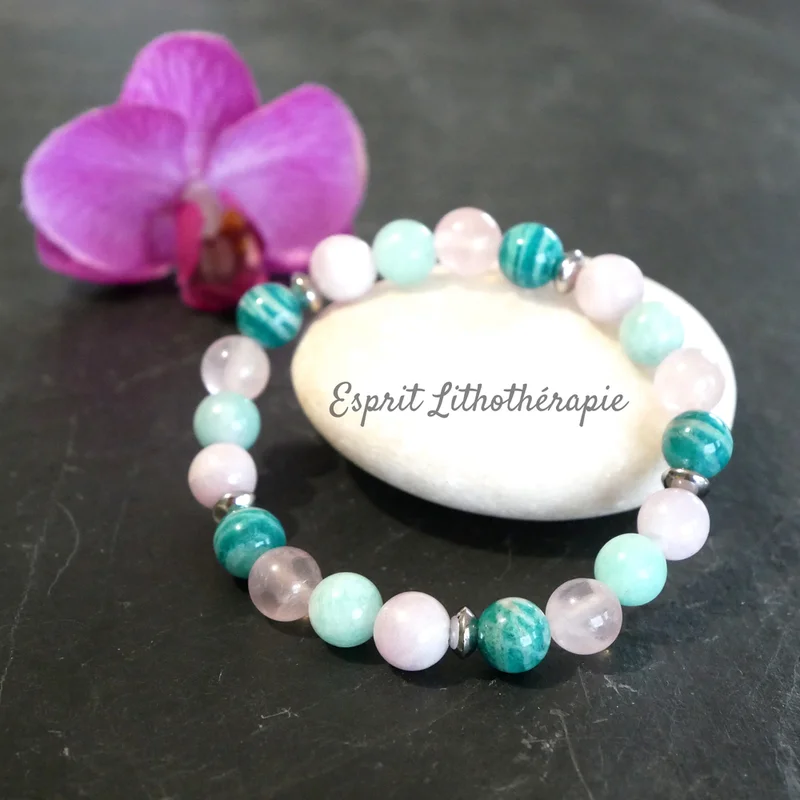 Bracelet Amazonite, Amazonite de Russie, Kunzite et Quartz rose