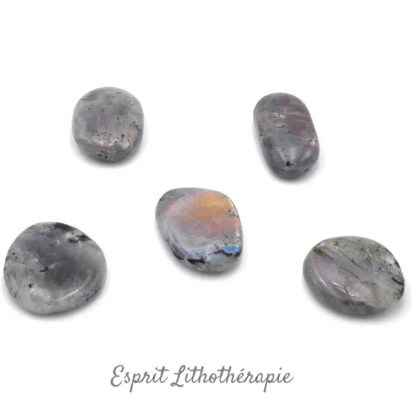 Galet plat ou galet Chakra en pierre Labradorite de qualité.