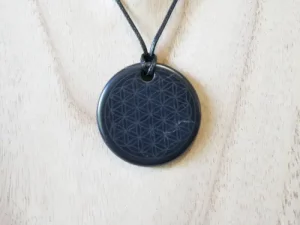 Pendentif en shungite naturelle gravé avec le motif sacré de la fleur de vie