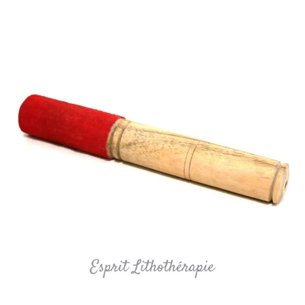 Bâton bois cuir rouge pour bol chantant. Fabrication artisanale.