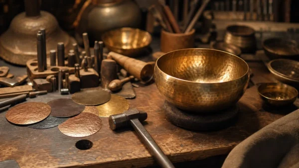 Bol chantant en métal martelé sur un établi avec outils de fabrication artisanale