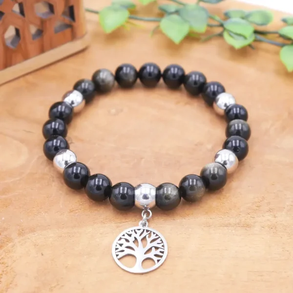 Bracelet en perles d'obsidienne dorée véritable et perles et breloques en acier inoxydable