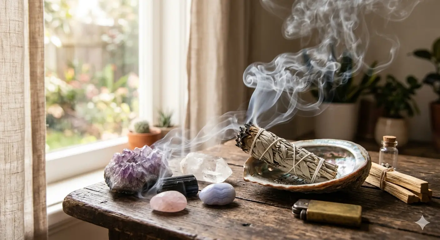 Faisceau de Sauge blanche fumant près d'une Améthyste, d'un Quartz rose et de bâtons de Palo Santo