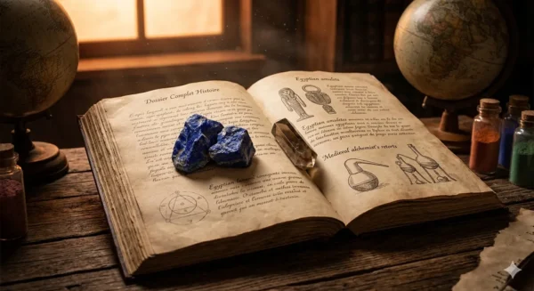 Gros plan d'un ancien grimoire ouvert intitulé 'Dossier Complet Histoire' dont les pages en parchemin sont couvertes d'écritures manuscrites et de diagrammes d'amulettes égyptiennes et d'appareils d'alchimie du Moyen-Âge. Une grappe de Lapis-lazuli brute et une pointe de Quartz Fumé semi-polie reposent sur les pages comme des marque-pages précieux, le tout dans une ancienne bibliothèque baignée d'une lumière ambrée douce.