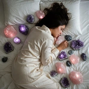 Femme dormant paisiblement dans son lit, entourée de cristaux d'améthyste violets et de quartz rose.