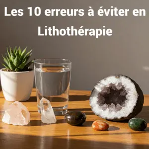 Image posée sur une table en bois clair, montrant plusieurs pierres naturelles (quartz rose, cristal de roche, œil de tigre, aventurine…), un verre d’eau, une géode d’améthyste ouverte et une petite plante verte en pot. En haut de l’image, on lit : “Les 10 erreurs à éviter en lithothérapie”. La lumière du soleil éclaire doucement la scène, créant une ambiance zen et naturelle, idéale pour illustrer les pratiques en lithothérapie.