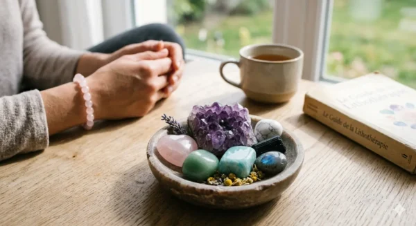 Collection de 7 pierres anti-stress avec améthyste et quartz rose dans un bol en pierre, ambiance zen avec tasse de thé.