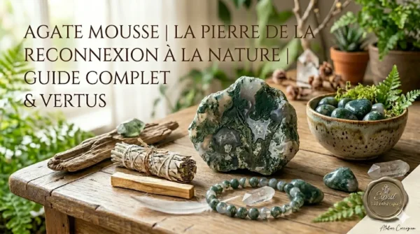 Image de couverture de blog sur l'Agate Mousse présentant un grand bloc brut vert et blanc, un bracelet en perles naturelles, un bâton de sauge et du palo santo sur une table en bois entourée de fougères.