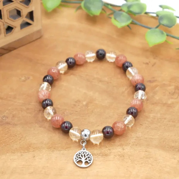 Bracelet perles de citrine jaune, grenat rouge et pierre de soleil avec pendentif en acier inoxydable