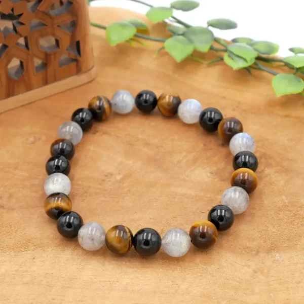 Bracelet de protection pour homme et femme en perles naturelles de Labradorite, Œil de Tigre et Tourmaline Noire.