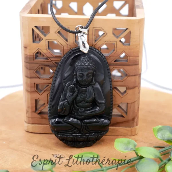 Pendentif Obsidienne oeil céleste gravé siddharatha