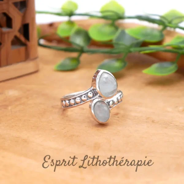 Bague réglable en argent 925 ornée de pierres en Aigue marine de qualité excellente AA