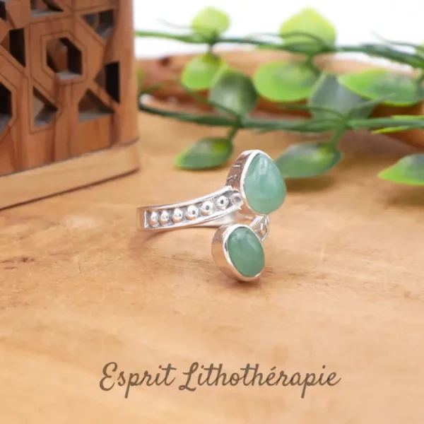 Bague réglable en argent 925 ornée de pierres en Aventurine verte de qualité excellente AA