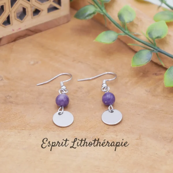 Boucles d’oreilles en Lépidolite naturelle apaisante montée sur acier inoxydable