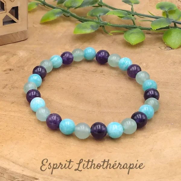 Bracelet en pierres naturelles de qualité en Amazonite, Améthyste, Aventurine verte. Tailles des perles et du bracelet au choix.