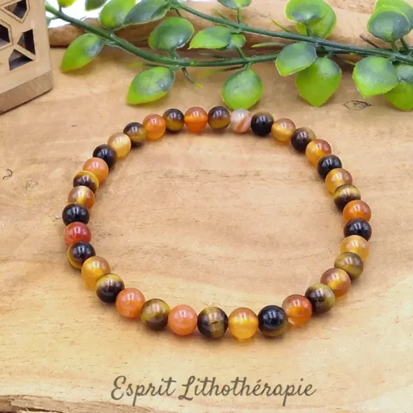 Bracelet en pierres naturelles de qualité en Cornaline et Oeil de tigre. Tailles des perles et du bracelet au choix.
