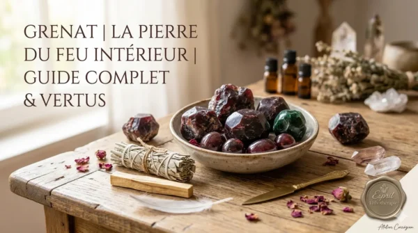 Pierres de grenat brut et poli dans une coupelle en céramique avec un bâton de sauge et des cristaux de quartz pour le guide complet d'Esprit Lithothérapie.