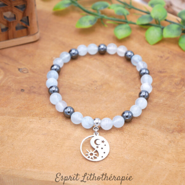 Bracelet en pierres naturelles d'aigue marine et d'hématite de qualité. Taille personnalisé et personnalisable.