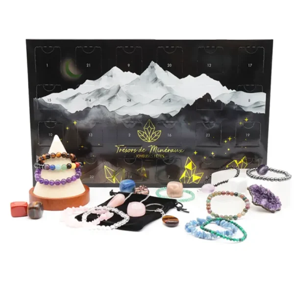 Calendrier de l'avent lithothérapie version prémium luxe, bracelets, pierres et minéraux.