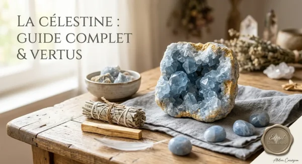 Géode de célestine bleue naturelle avec de la sauge blanche et des pierres roulées pour le guide complet d'Esprit Lithothérapie.