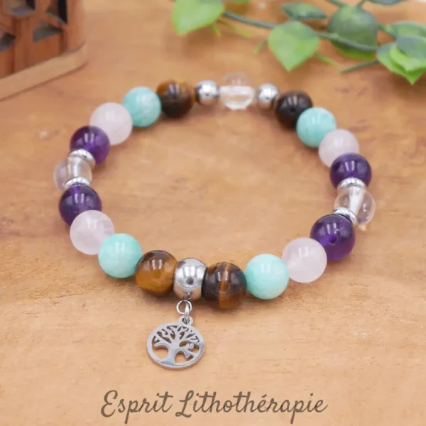 Bracelet en pierre naturelle d'Amazonite, Améthyste, Cristal de roche, Oeil de tigre, Quartz rose.