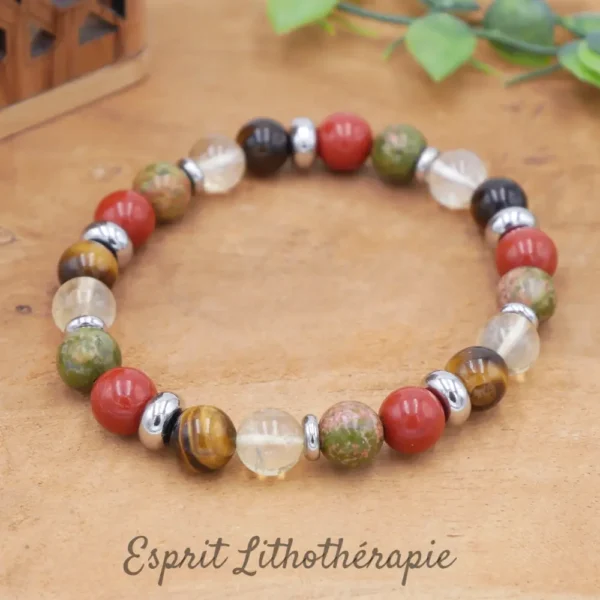 Bracelet pierre naturelle en Citrine, Jaspe rouge, Oeil de tigre, Unakite, monté sur élastique multibrin.