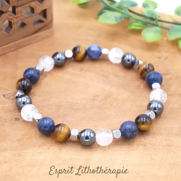 Bracelet en pierre naturelle de Hématite, Cristal de roche, Oeil de tigre, sodalite. Tailles au choix.
