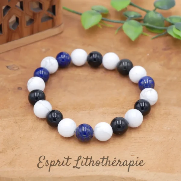 Bracelet en pierre naturelle de Howlite, Lapis lazuli, obsidienne noire et onyx noir. Taille bracelet et perles au choix.