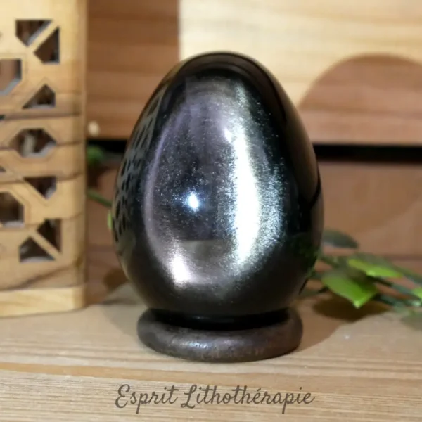 œuf en obsidienne argentée poli, pierre naturelle semi-précieuse de qualité AA pour lithothérapie et décoration