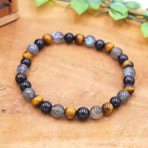 Bracelet en Labradorite, Œil de Tigre et Spinelle Noir naturelles – Bracelet protection 3 pierres