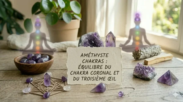 Image à la une pour l'article sur l'améthyste et les chakras, montrant des pierres violettes, un diagramme de chakras et une ambiance de méditation zen avec un carton écrit en français : "AMÉTHYSTE CHAKRAS : ÉQUILIBRE DU CHAKRA CORONAL ET DU TROISIÈME ŒIL". Ambiance naturelle avec une plante Pilea et de la sauge en arrière-plan.