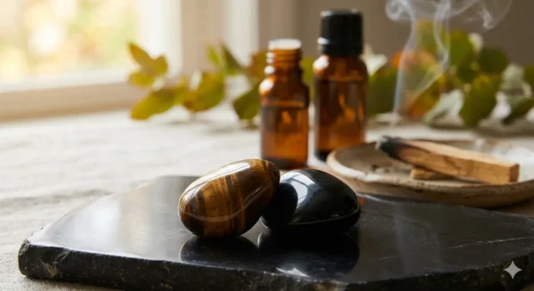 Duo de pierres de protection composé d'un Œil de Tigre chatoyant et d'une Obsidienne noire lisse.