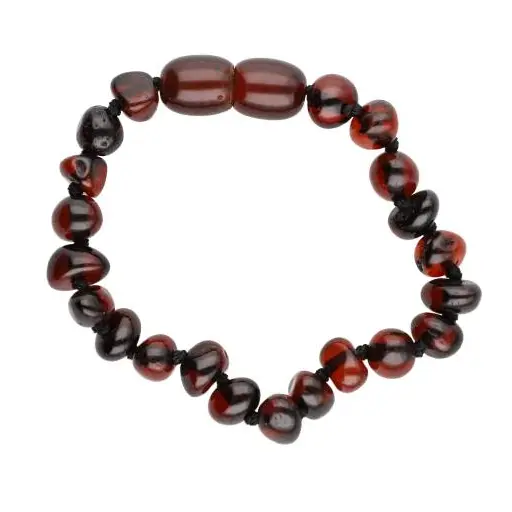 Bracelet en ambre véritable pour bébé coloris cognac certifié conforme aux normes de sécurité européennes (nœuds de sûreté et fermoir pop-up).