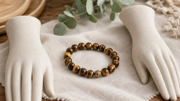 Bracelet en œil de tigre posé entre deux formes de poignets