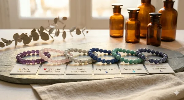Un alignement de 6 bracelets en pierres apaisantes (Améthyste, Quartz Rose, Howlite) posés sur une ardoise minérale grise.