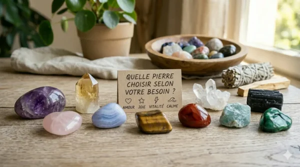 Photographie d'une sélection de 10 pierres naturelles (Améthyste, Citrine, Quartz rose, Œil de Tigre...) avec un carton écrit en français : "QUELLE PIERRE CHOISIR SELON VOTRE BESOIN ?". Ambiance douce et lumineuse avec une plante Pilea en arrière-plan.